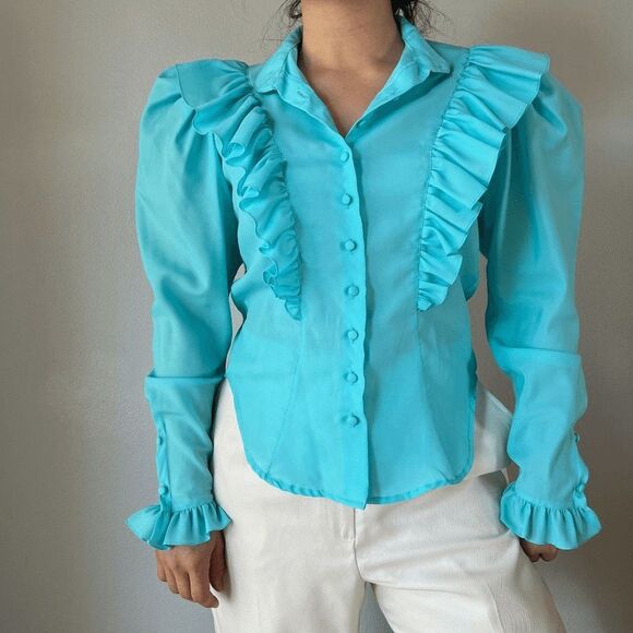 vtg 70s western button blouse large ruffle collared puff sleeves victorian small - Picture 3 of 10